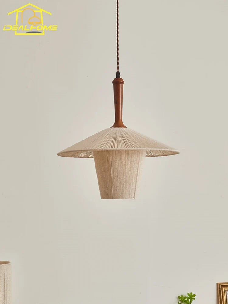 Afralia™ Wabi-sabi Cotton Thread Pendant Lights LED E27 Solid Wood Hanging Lamp Zen Decor