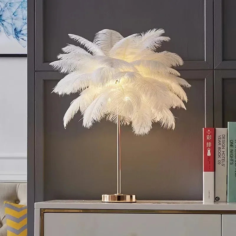 Afralia™ Nordic Ostrich Feather Table Lamp: Romantic Pink White Bedside Wedding Light