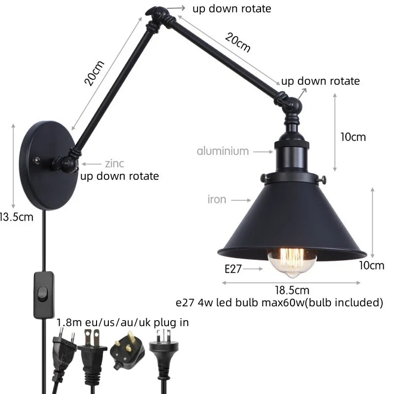 Afralia™ Iron LED Wall Lamp Pull Chain Switch Industrial Vintage Loft Stair Light