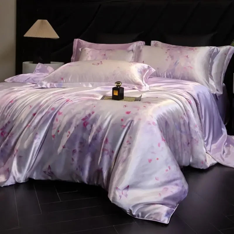 Afralia™ Mulberry Silk Cooling Bedding Set - 3D Printed Satin Fitted Sheet & Quilt Cover