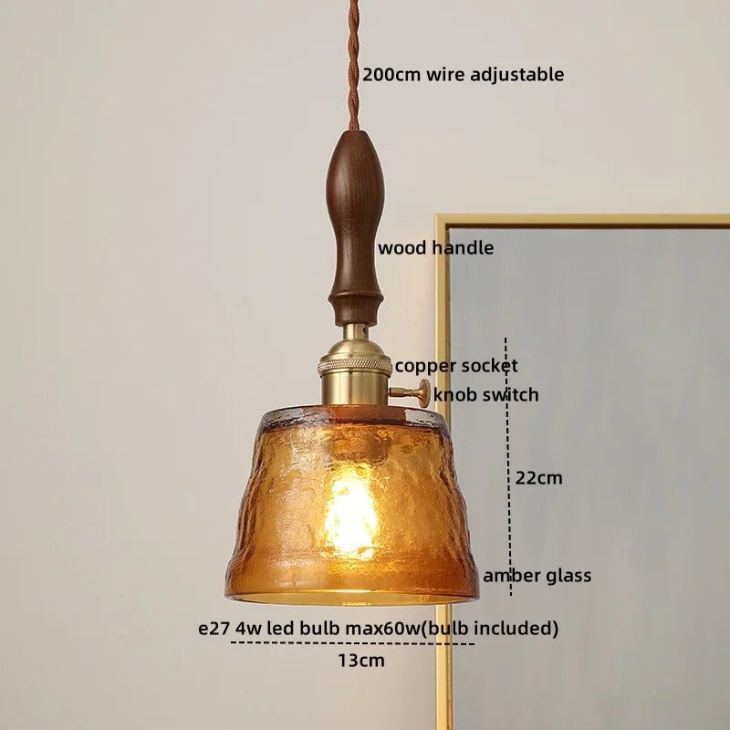 Afralia™ Green Glass LED Pendant Lamp with Knob Switch, Copper Chandelier