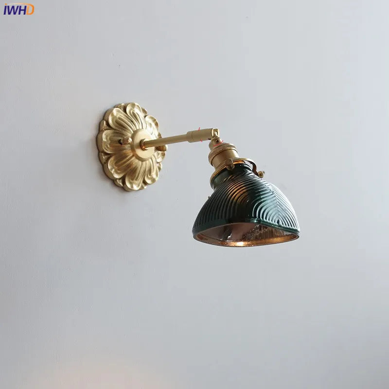 Afralia™ Green Glass LED Wall Lamp with Copper Base for Bedroom Living Room