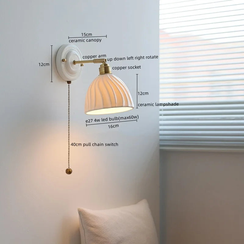 Afralia™ Vintage Ceramic LED Wall Sconce Light with Copper Pull Chain Switch