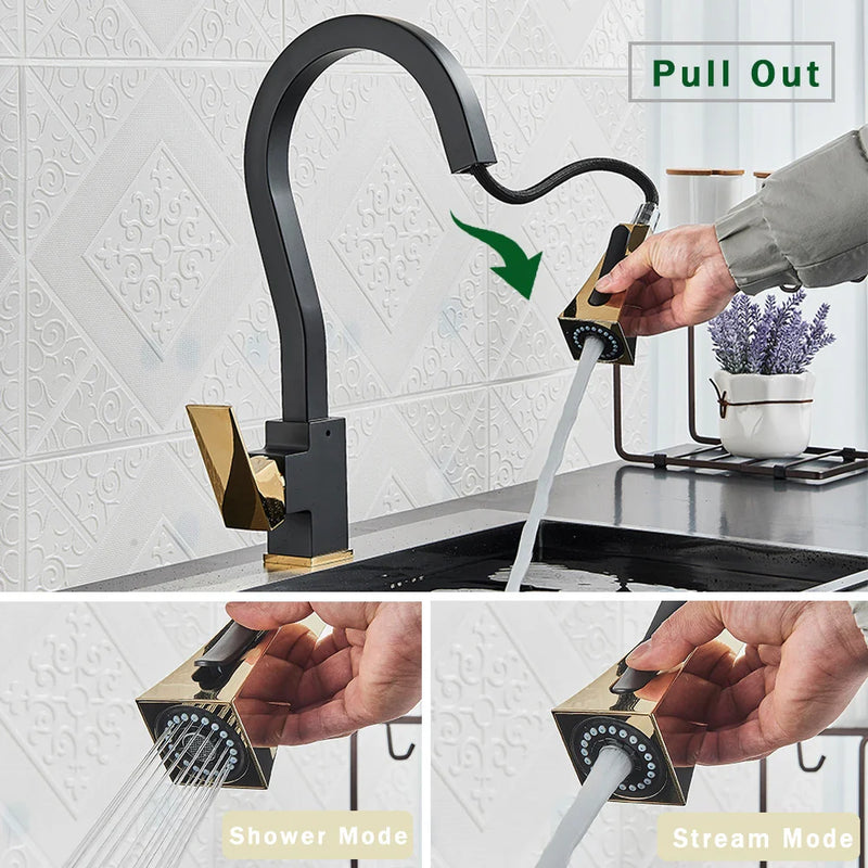 Afralia™ Black Gold Kitchen Faucet with Flexible Pull Down Sprayer