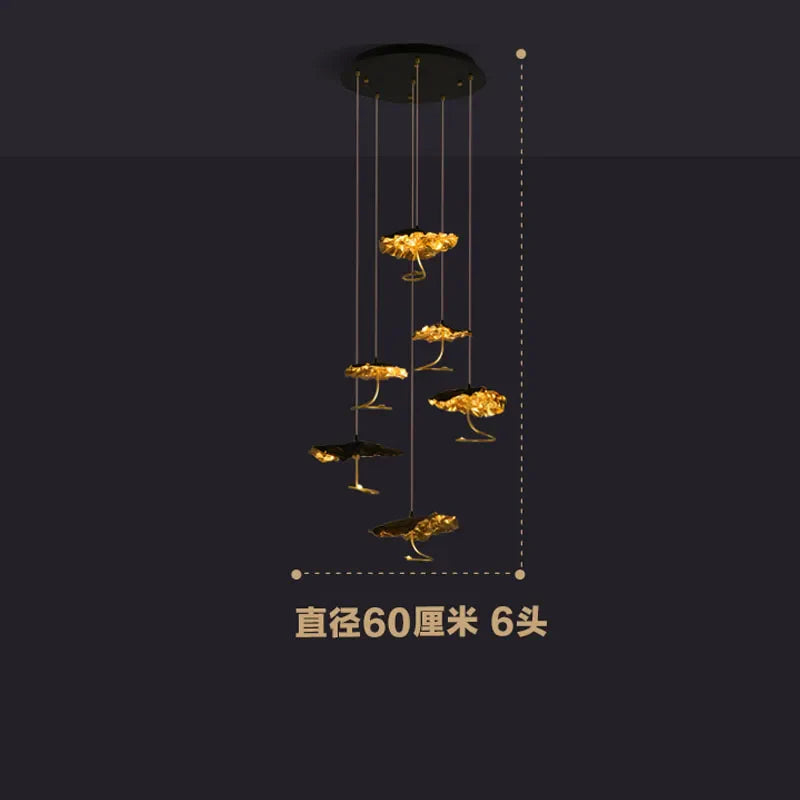 Afralia™ Lotus Staircase LED Chandelier - Multi-Head Copper Black Gold Hanging Lamp