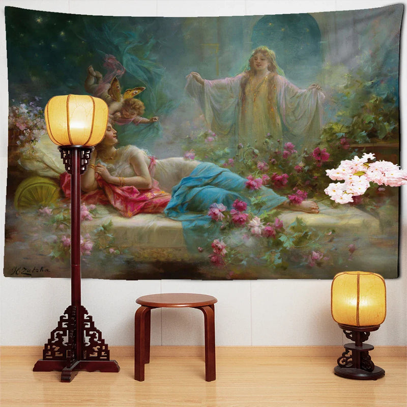 Afralia™ Angels & Beauty Misty Oil Painting Tapestry Wall Hanging for Room Decor