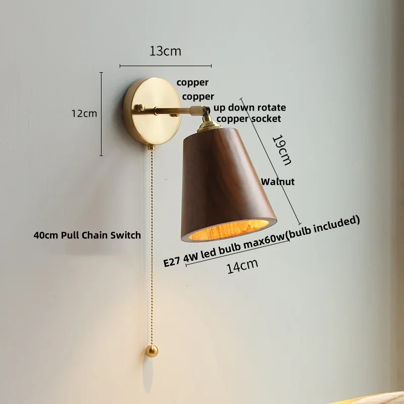 Afralia™ Walnut Wood LED Wall Lamp Sconce Rotatable Up Down Pull Chain Switch Canopy