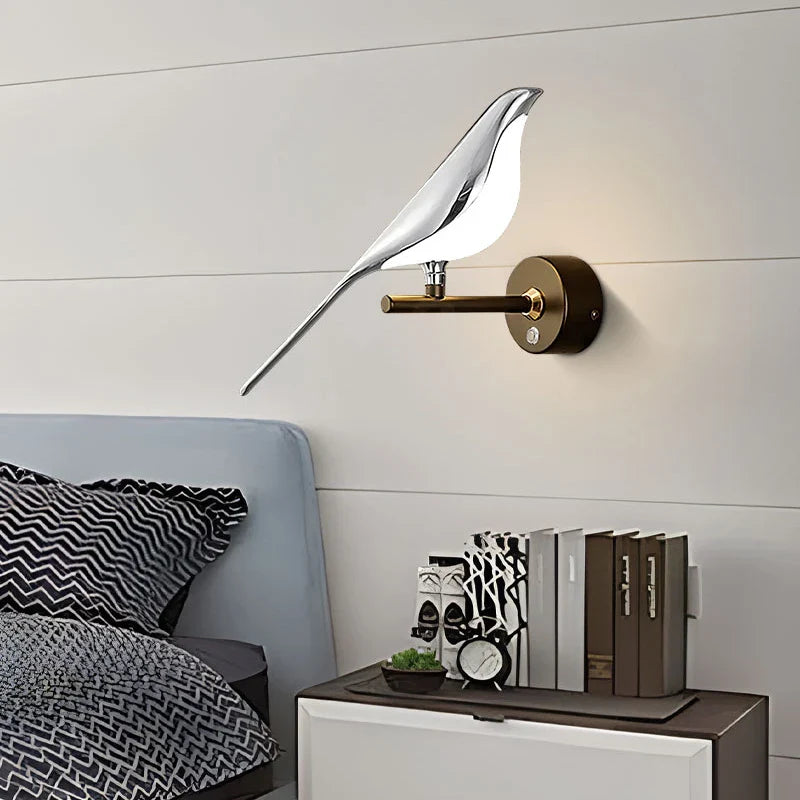 Afralia™ Magpie Bird Touch Switch LED Wall Lamps 360° Rotatable Indoor Golden Silver Wall Lights