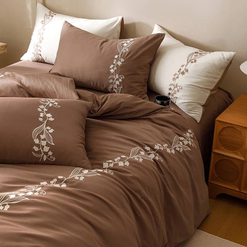 Afralia™ Elegant Lily of the Valley Embroidery Brown Cotton Bedding Set