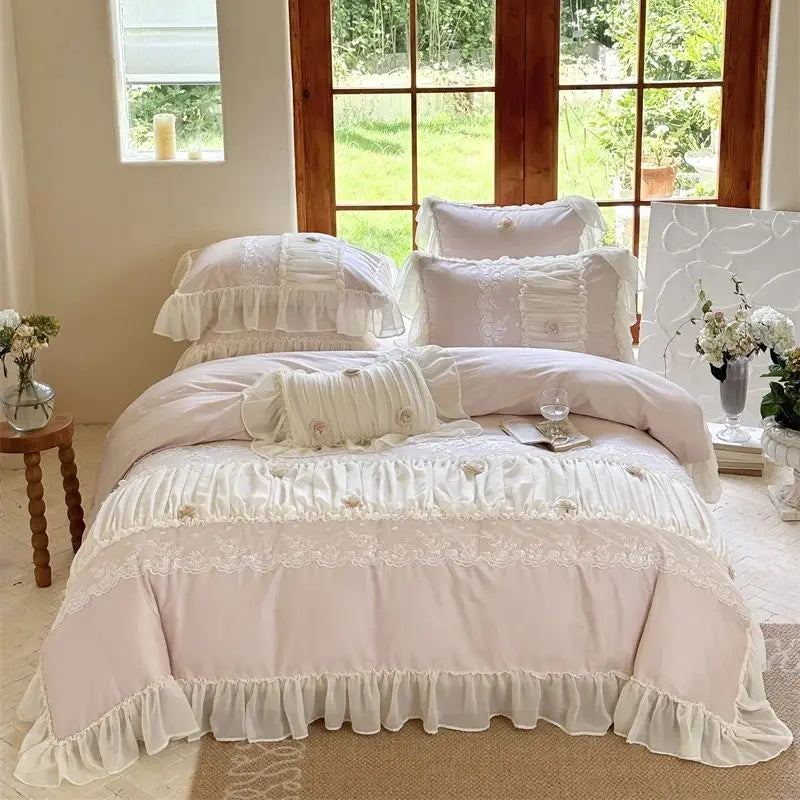 Afralia™ Rose Lace Ruffles Princess Wedding Bedding Set with 1000TC Egyptian Cotton