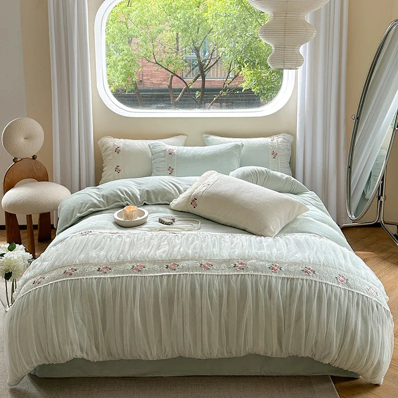 Afralia™ Pink Velvet Fleece Bedding Set with Flowers Embroidery & Lace Pleat