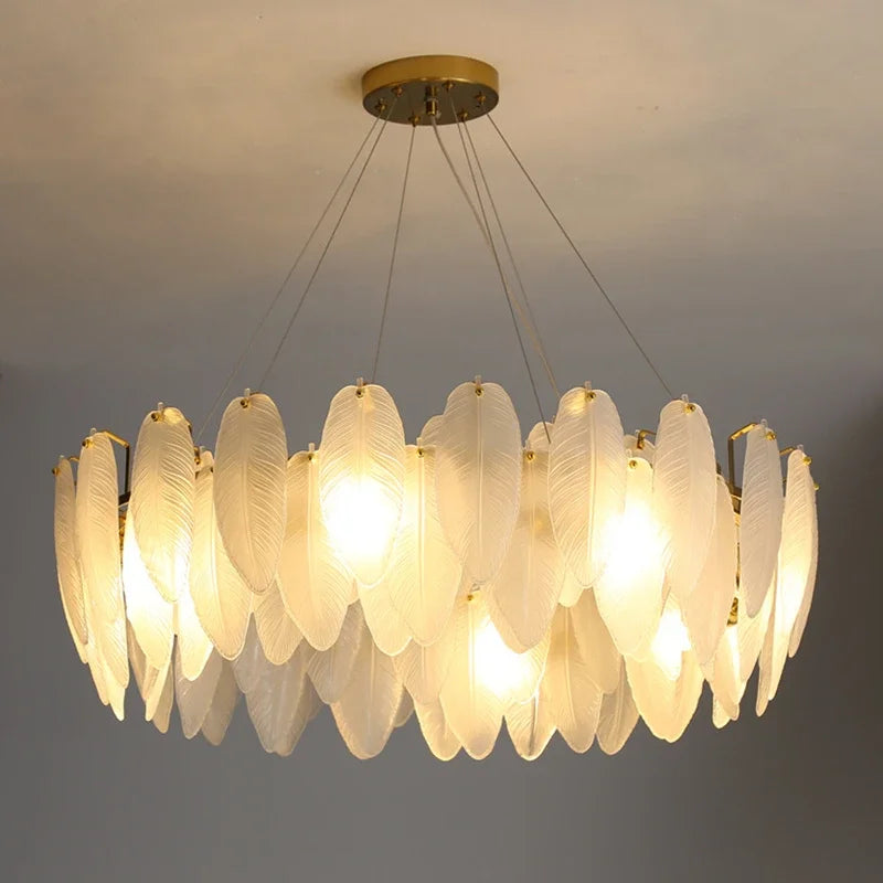 Afralia™ Feather Crystal Pendant Chandelier for Dining Room, Modern Glass Ceiling Light