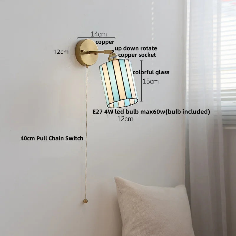 Afralia™ White Glass LED Wall Light with Pull Chain Switch, Japanese Style, Copper Base