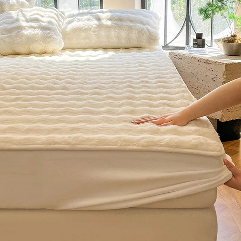 Afralia™ Solid Faux Rabbit Fur Fitted Sheet: Winter Thick Warm Single Bed Linen