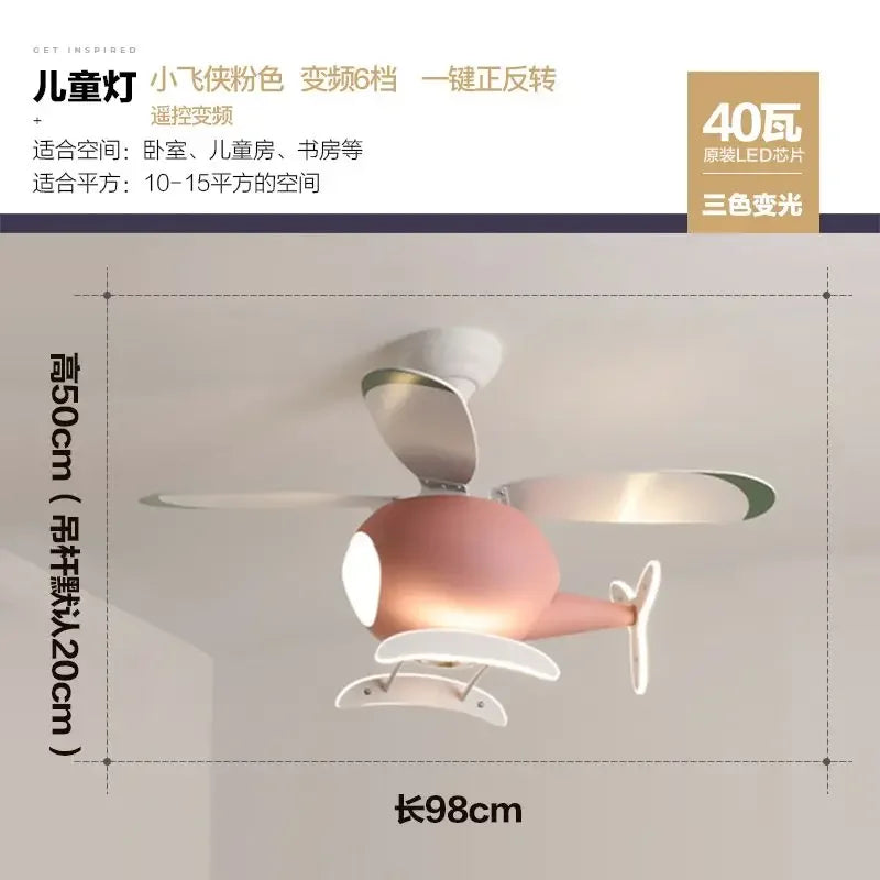 Afralia™ Kids' Helicopter Ceiling Fan with LED Light Chandelier - Modern Aircraft Design