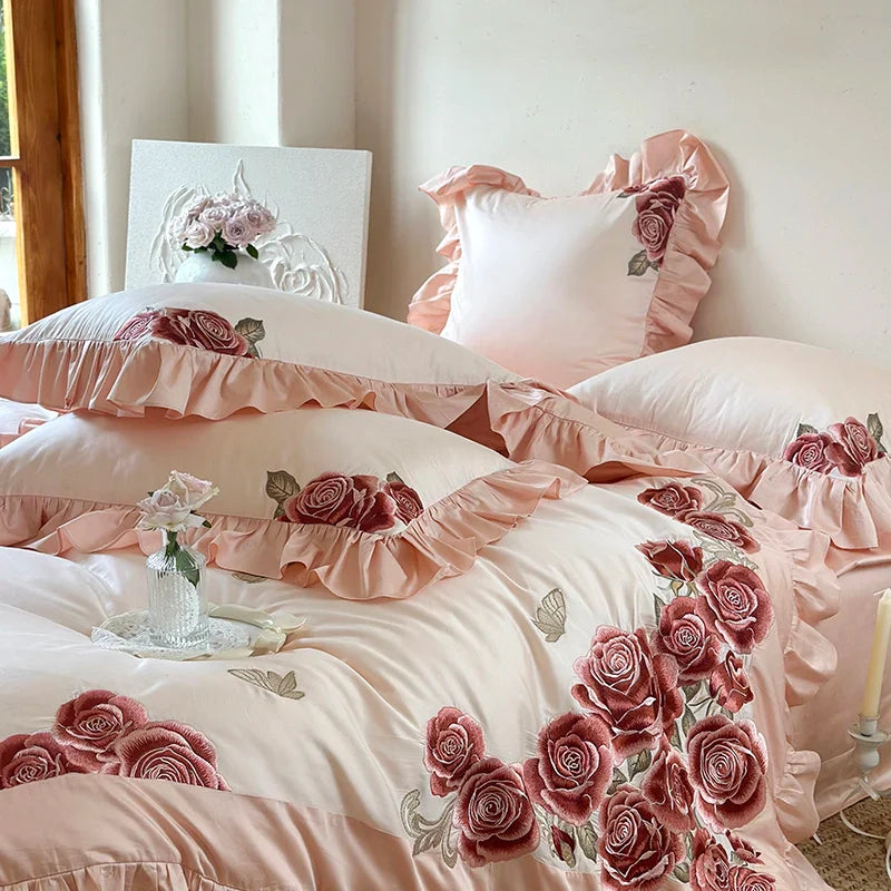 Afralia™ Butterfly Flowers Embroidery Ruffles Wedding Bedding Set: 1400TC 100% Egyptian Cotton
