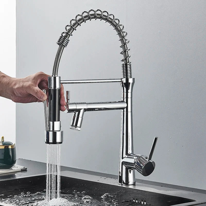 Afralia™ Dual Nozzle Gourmet Kitchen Faucet | Pull-Down, 360° Rotation, Chrome Mixer