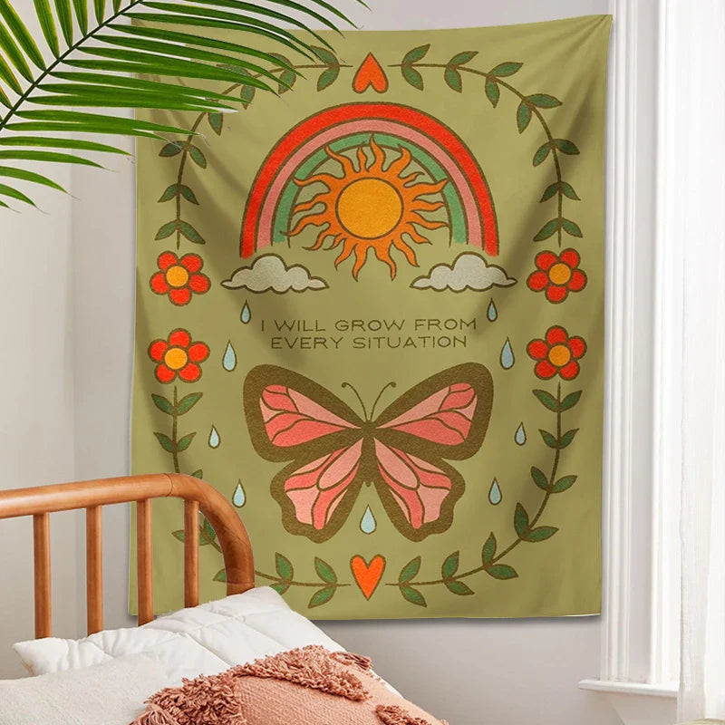 Afralia™ Retro Rainbow Butterfly Botanical Flower Wall Hanging Tapestry Home Decor