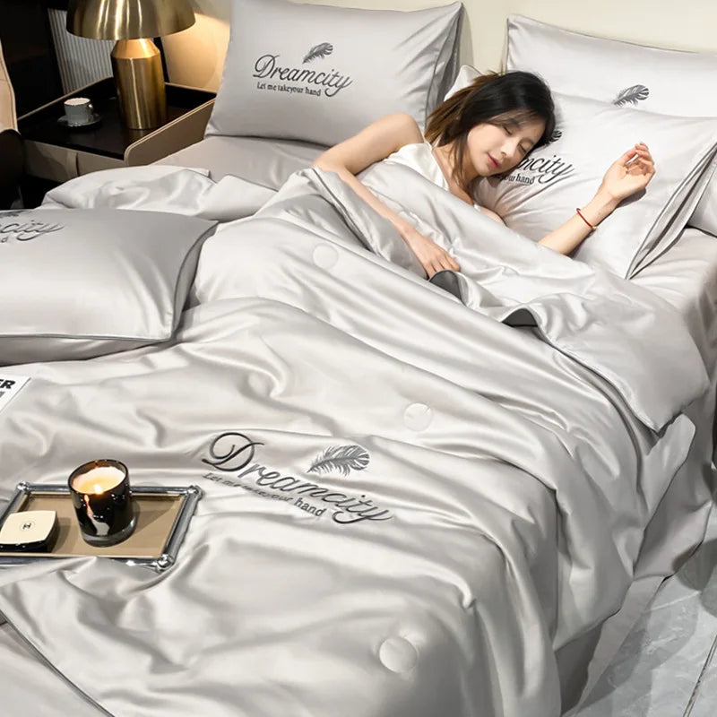 Afralia™ Embroidered Ice Silk Summer Quilt Set with Pillowcases