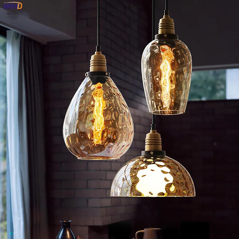 Afralia™ Amber Glass Industrial LED Pendant Lights for Dinning Bedroom Vintage Edison