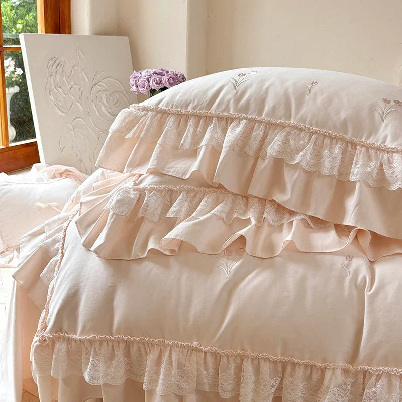 Afralia™ Pink Princess Lace Flowers 1200TC Egyptian Cotton Bedding Set