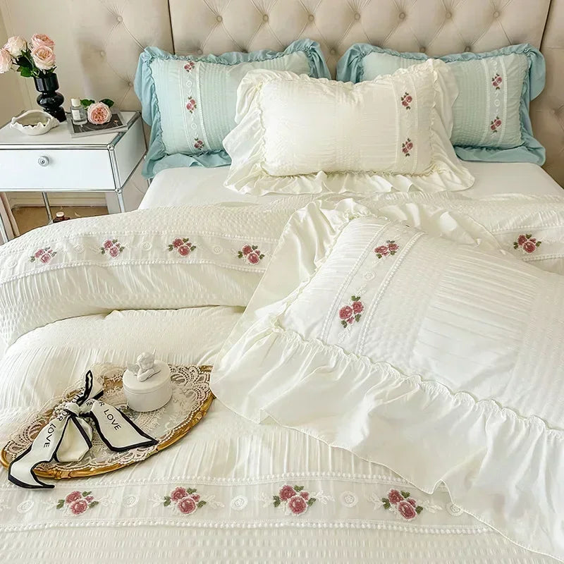 Afralia™ Romantic Lace Bubble Gauze Queen Bedding Set - Elegant Princess Style emb. Duvet Cover Set