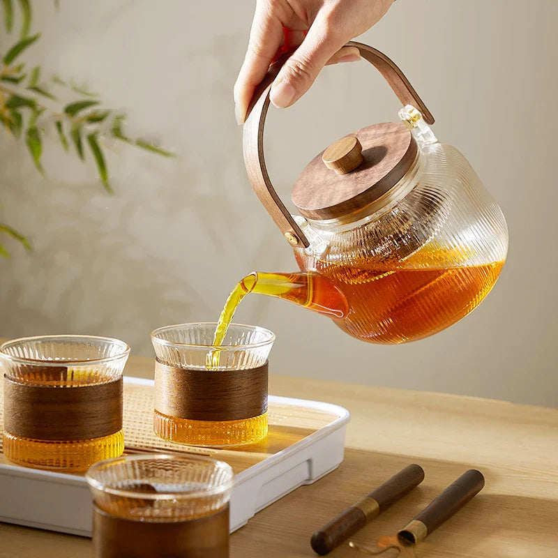 Afralia™ Glass Tea Pot With Steel Filter & Wooden Handle, Steaming Tea Set