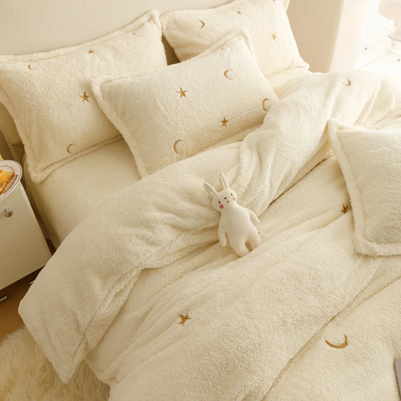 Afralia™ Berber Fleece Star Bear Embroidery Bedding Set - Cream White, Winter Home Textiles