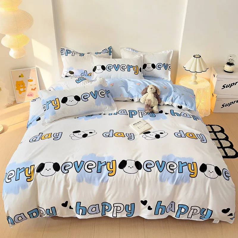 Afralia™ Letter Happy Little Dog Print Bedding Set for Single Double Bed, 3/4Pcs