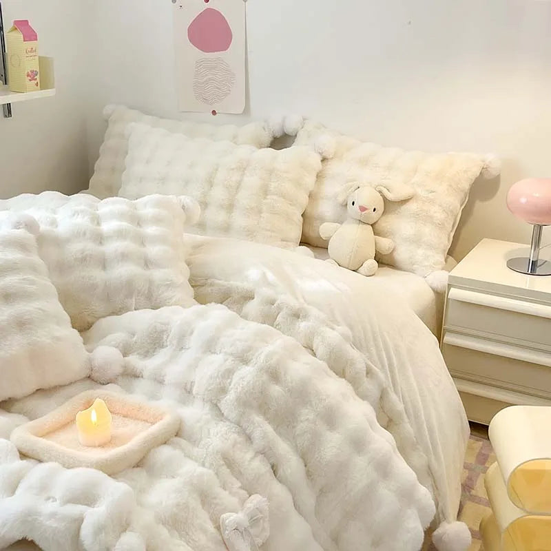 Afralia™ Shaggy Faux Rabbit Fur Bedding Set with Plush Ball Decoration, Duvet Cover, Sheet and Pillowcases
