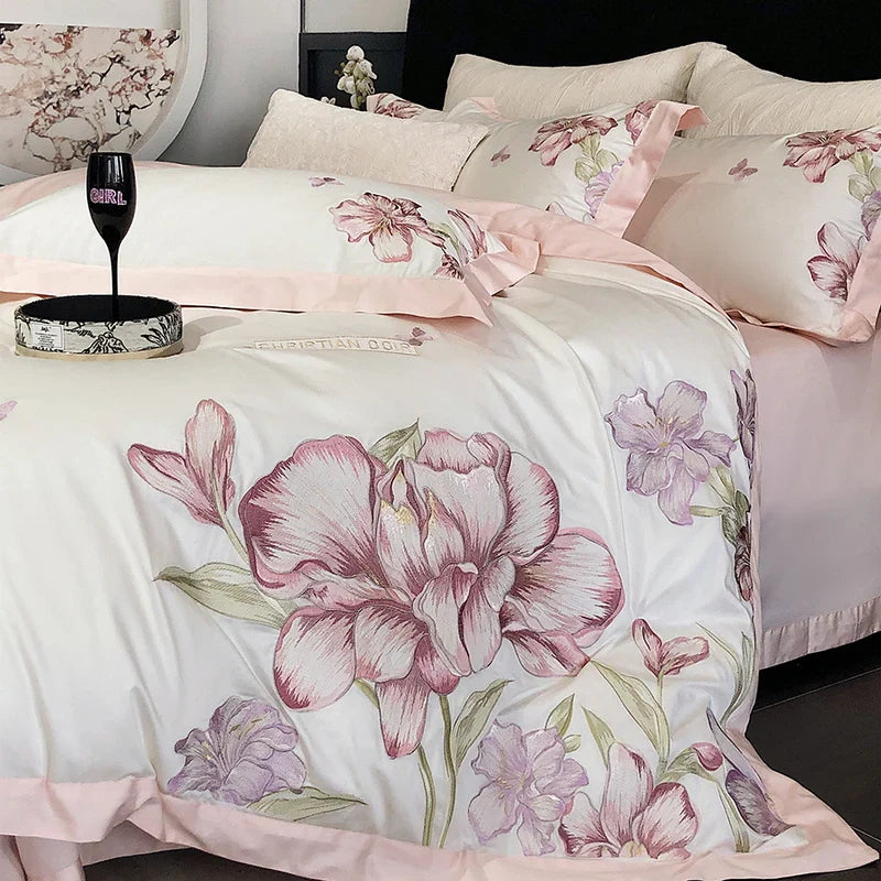 Afralia™ Blooming Flowers Embroidery Bedding Set 600TC Egyptian Cotton Duvet Cover Queen King
