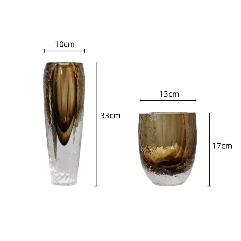 Afralia™ Brown Glazed Glass Vase Hammer Cut Decorative Handicraft Flower Arrangement Ornaments