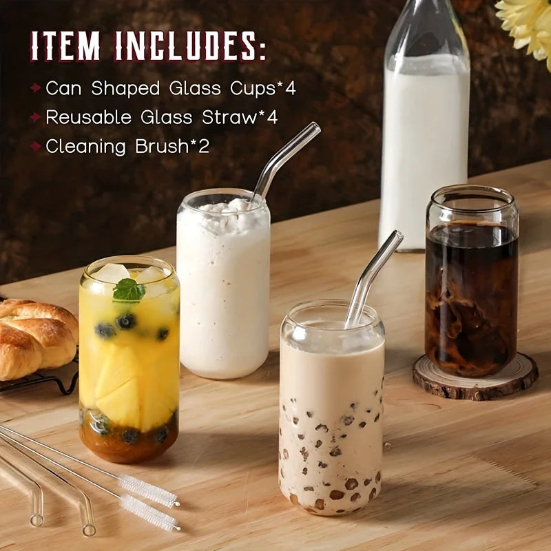 Afralia™ Transparent Glass Set with Can-Shaped Glasses and Glass Straws | Perfect for Iced Coffee and More