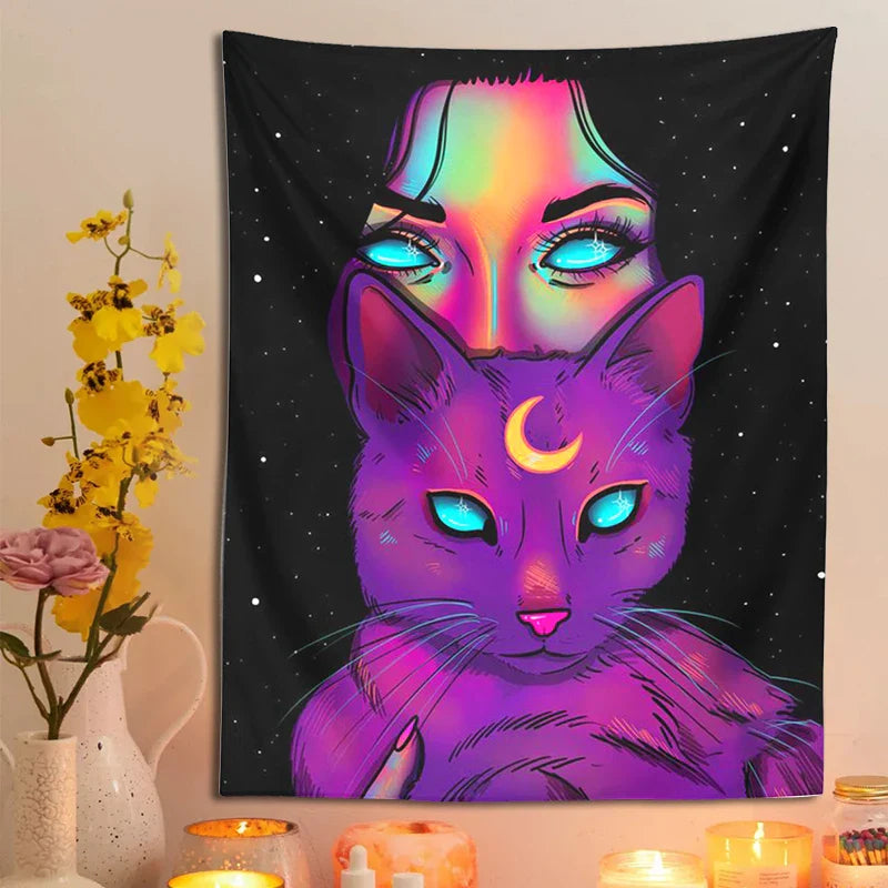 Psychedelic Cat Tapestry Wall Hanging for Bohemian Home Decor by Afralia™