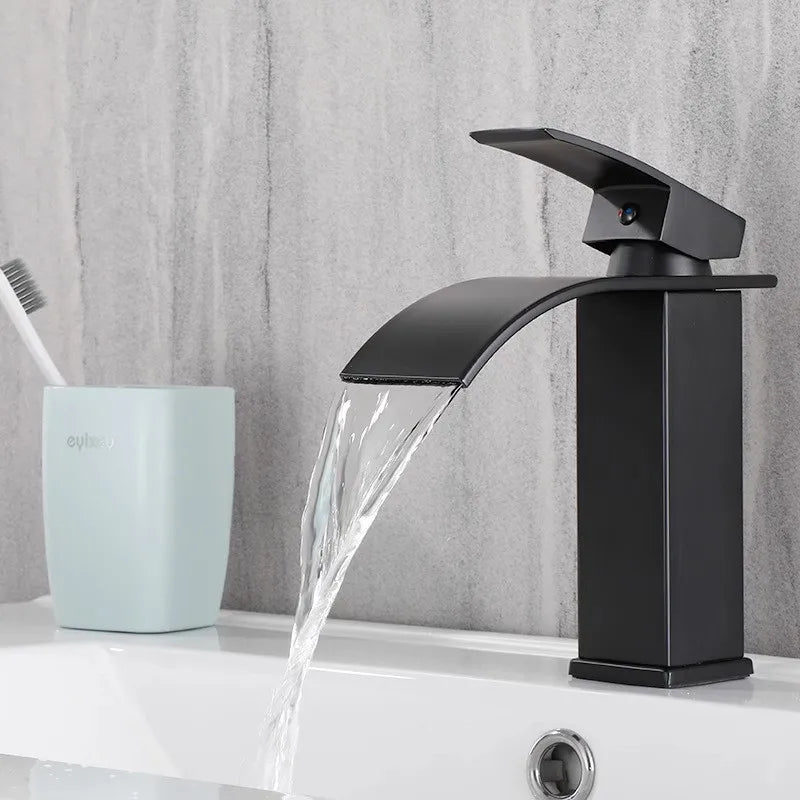 Afralia™ Black Brass Waterfall Bathroom Sink Faucet Cold Hot Mixer Single Handle Deck