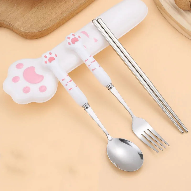 Afralia™ Kawaii Cat Claw Cutlery Set for Kids - Portable Outdoor Tableware Kit