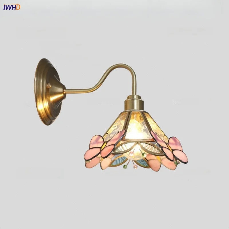 Afralia™ Pink Glass LED Wall Sconce Nordic Brass Fixture