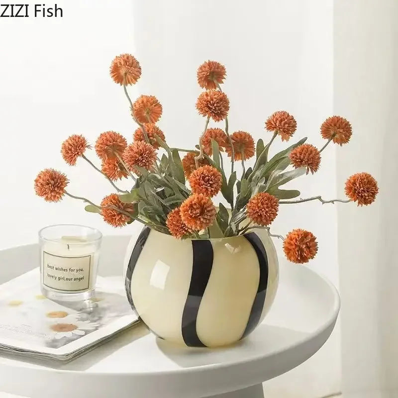 Afralia™ Black Stripes Glass Vase Desk Decoration Artificial Flowers Pots Aesthetic Room Decor