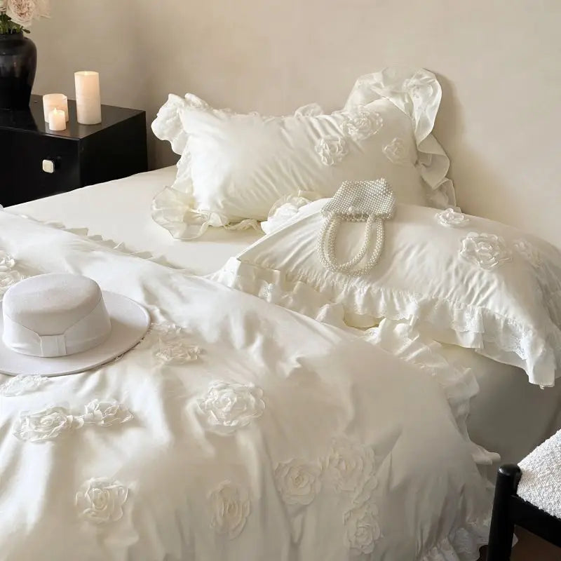 Afralia™ Pink Flowers Ruffles Princess Wedding Bedding Set - Soft Washed Cotton