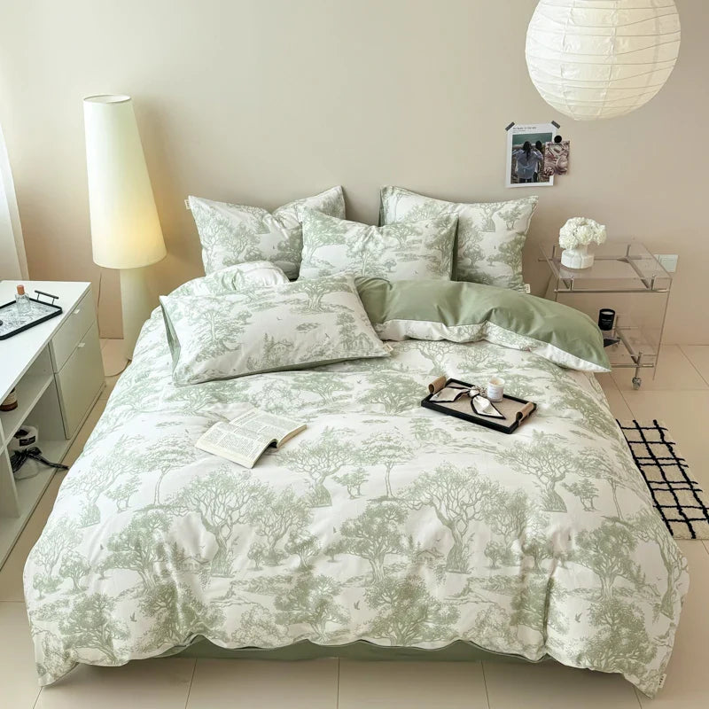Afralia™ Forest Plant Ink Print Cotton Bedding Set: Duvet, Sheet, Pillowcases - Single to King