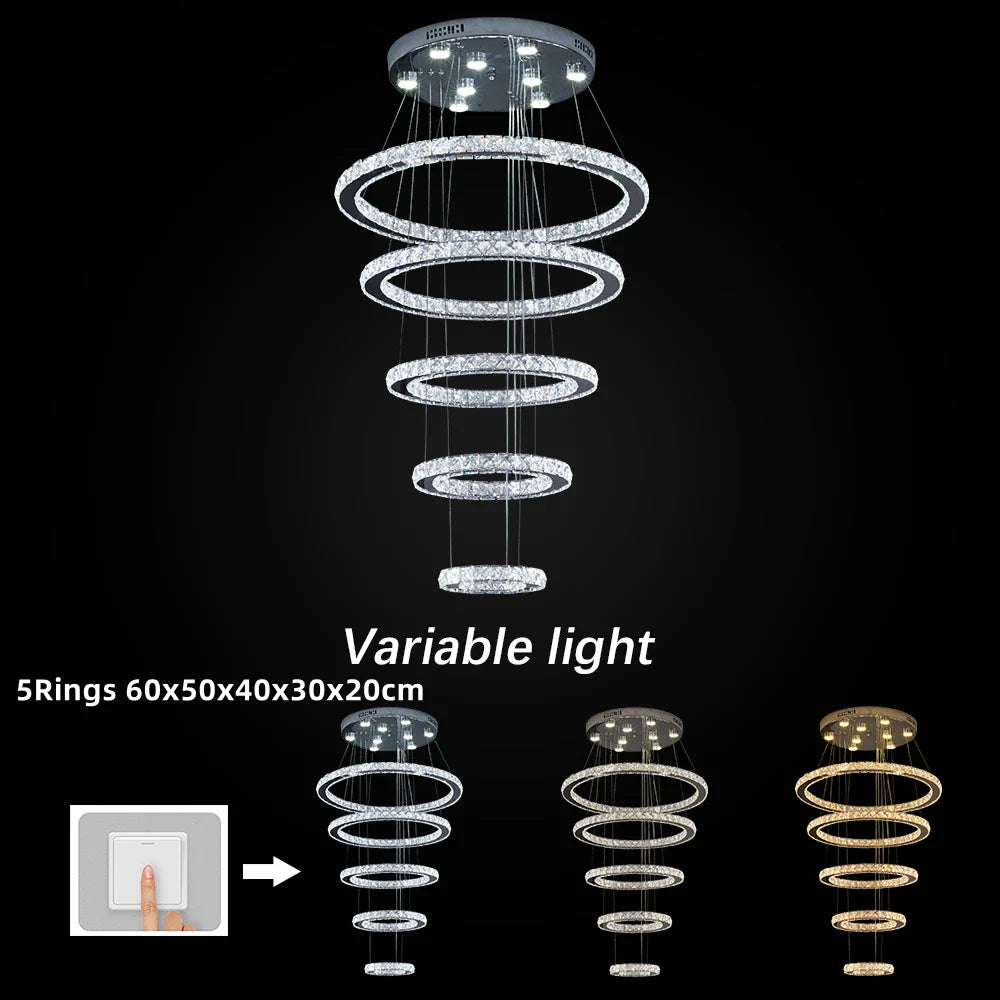 Afralia™ Crystal Chrome LED Pendant Light Rings Chandelier for Living Room Bedroom