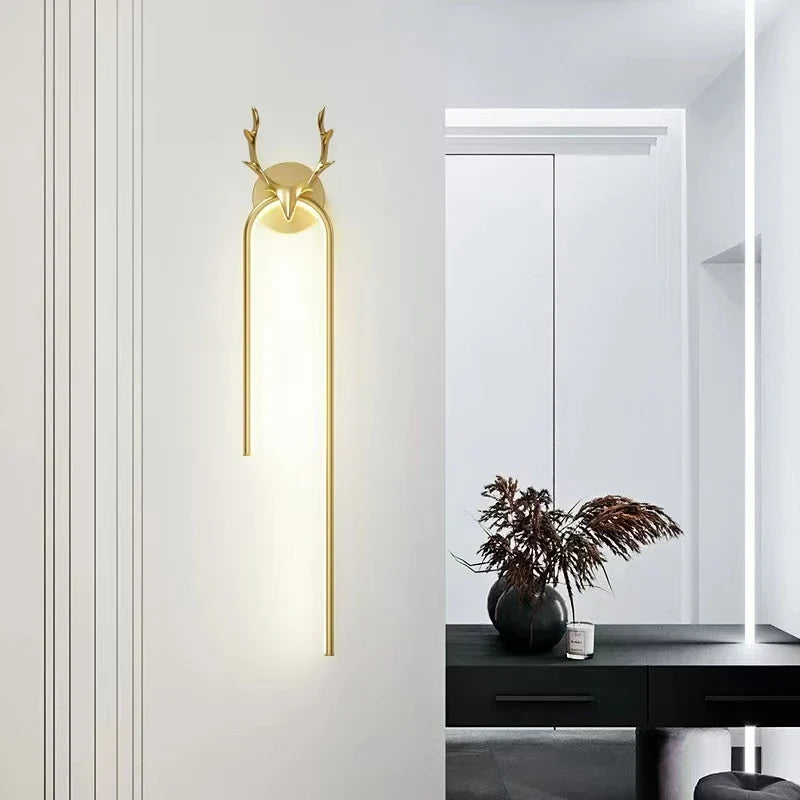 Afralia™ Deer Head Wall Lamp Gold Art Decor Living Room Bedside Light