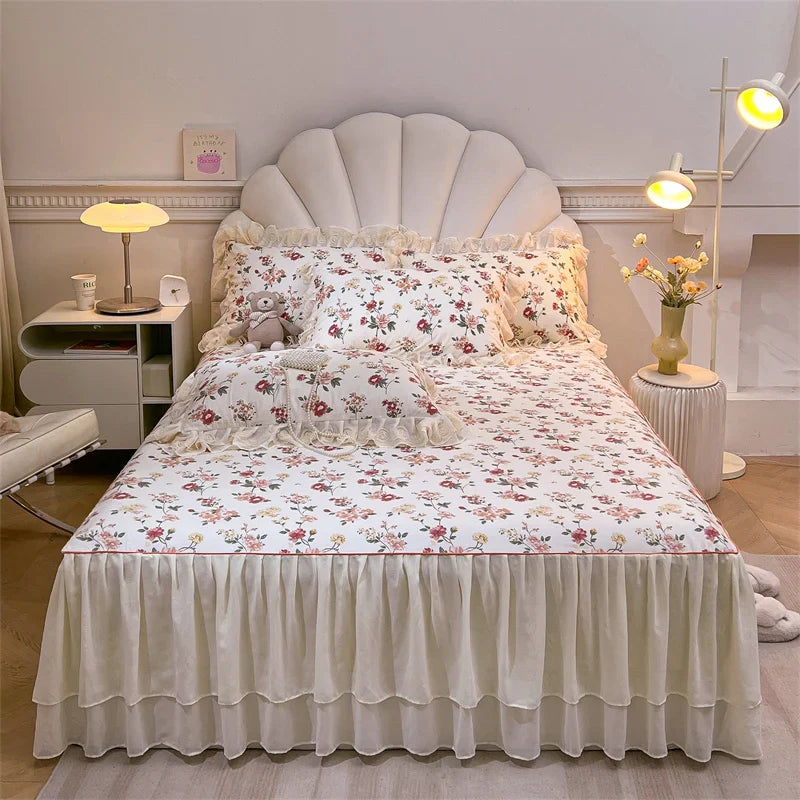 Afralia™ Princess Lace Ruffles Floral Bedding Set with Duvet Cover and Bed Skirt