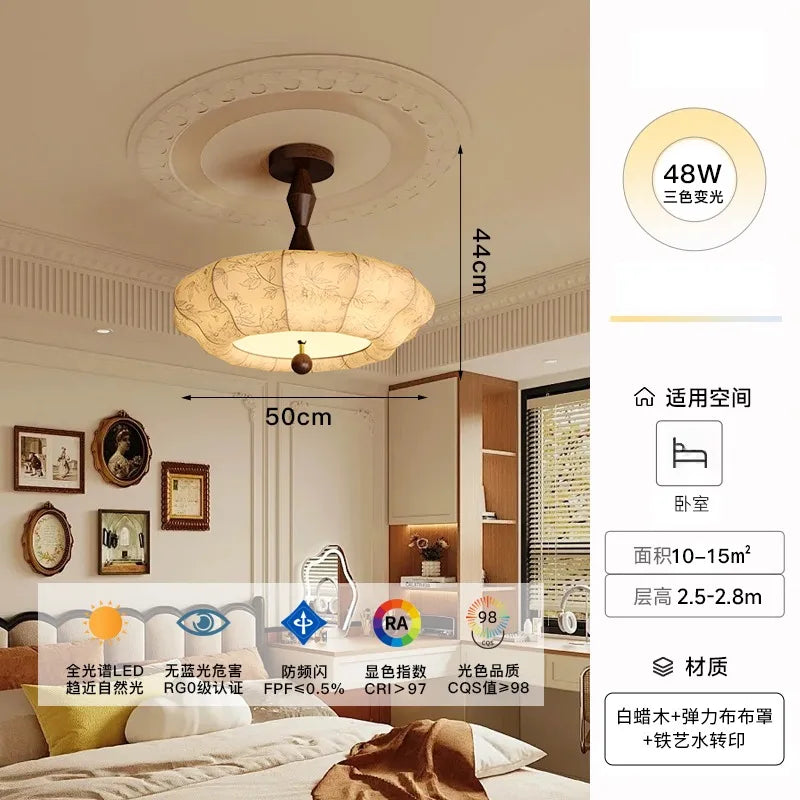 Afralia™ Retro Solid Wood Fabric Hanging Lamp LED E27 Medieval Romantic Bedroom Decor