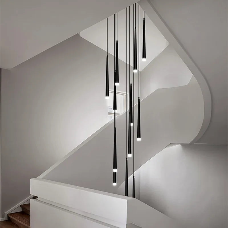 Afralia™ Loft Black LED Stair Chandelier for Modern Living Room and Restaurant