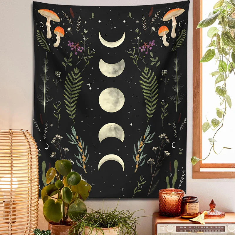 Afralia™ Moon Phase Mushroom Tapestry Wall Hanging Tapestries - Boho Room Decor