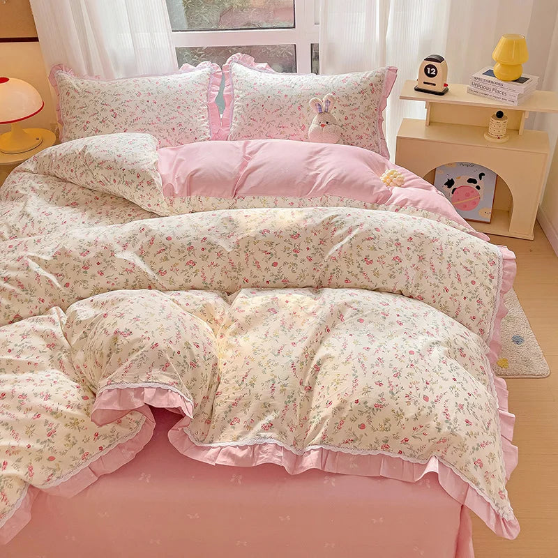 Afralia™ Floral Ruffles Bedding Set with Duvet Cover, Sheets, and Pillowcases