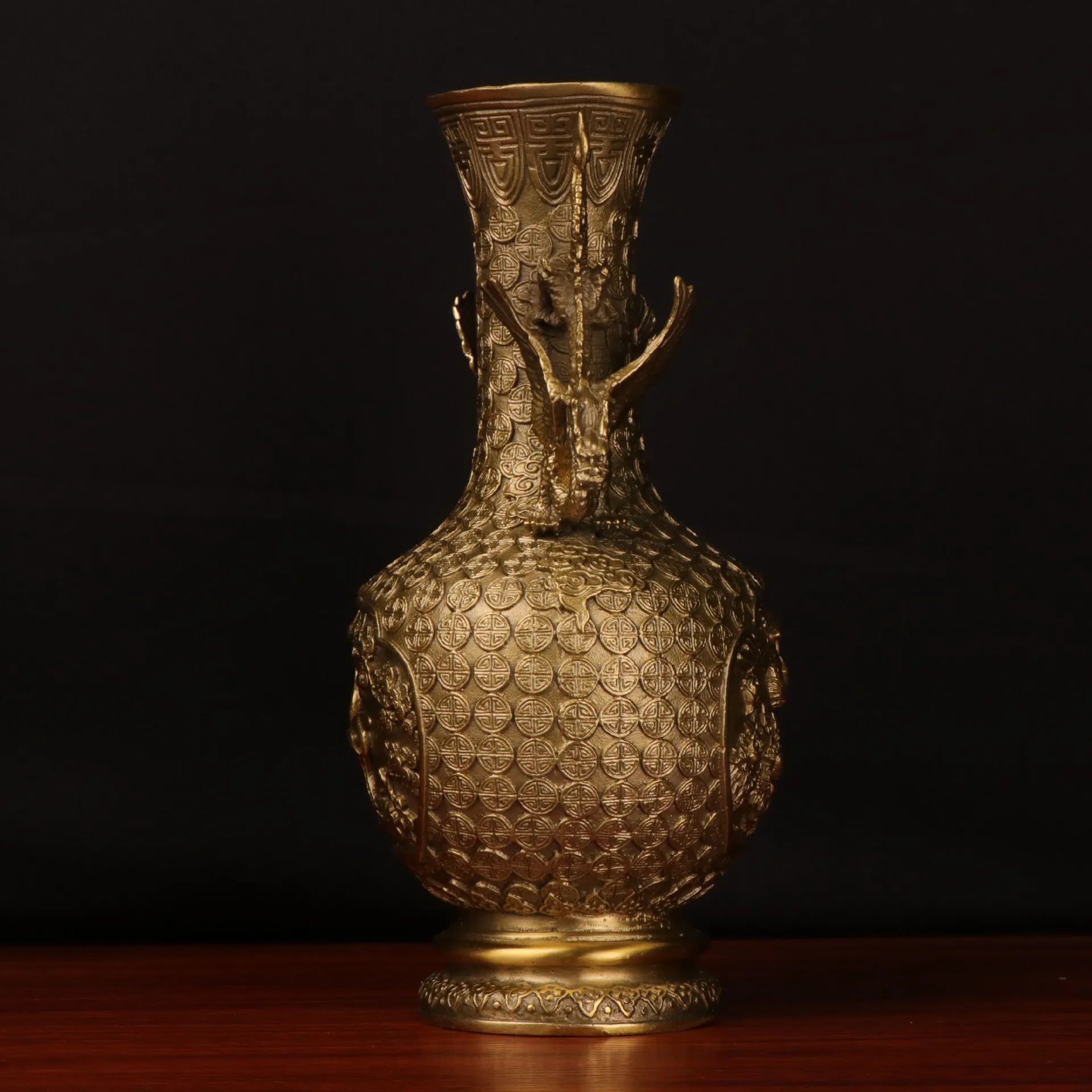 Afralia™ Copper Dragon Phoenix Vase Pair Double Dragon Ears Pine Crane Feng Shui Ornament