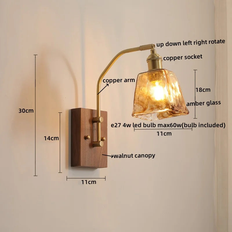 Afralia™ Copper Glass LED Wall Lights Pull Chain Switch Bedside Lamp for Bedroom Living Room
