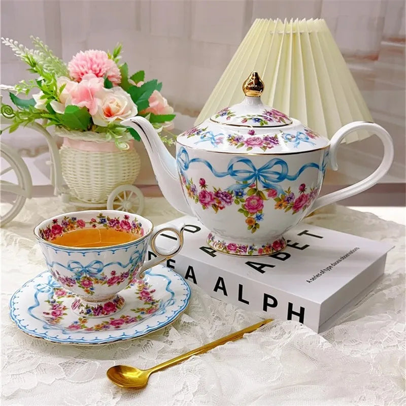 Afralia™ Tea & Coffee Set: Retro Pot, Cup, Saucer, Bow Pot, and Cup Set for Home Kitchen